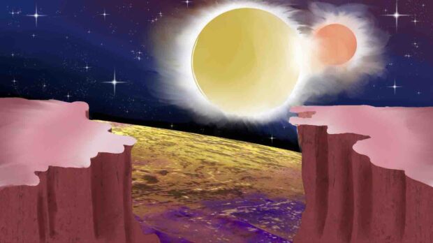 Illustration of a landscape on an alien planet with two suns in the sky