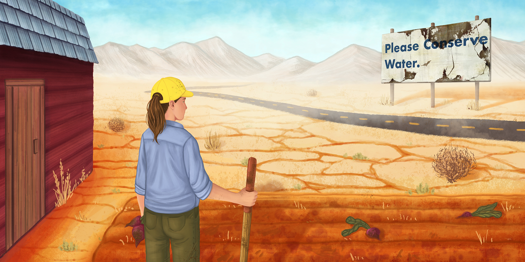 A farmer looks out at barren, dry fields across from a water conservation billboard. 