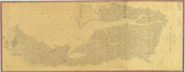 Detailed map of the San Francisco Bay on old-looking paper.