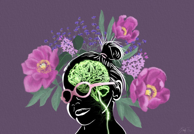 An illustration of a girl sporting glasses whose brain and vagus nerve are lit up to depict the flow of electricity. Flowers frame her face.