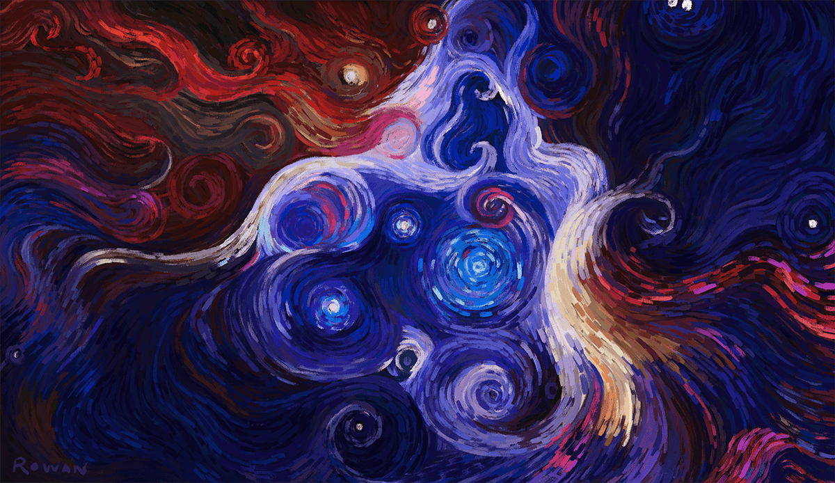 The Tarantula Nebula is a large cloud of gas and dust where stars are born. Illustrator Rowan Weir reimagines this image in the style of Van Gogh, with broad brushstrokes and swirling colors of purple, blue, and red. Circles radiate outwards from stars, and each circle is connected to another with swirling lines. 