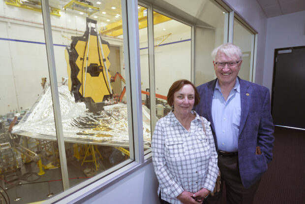 A photo of Garth and Wendy Illingworth during the construction of the James Webb Space Telescope.