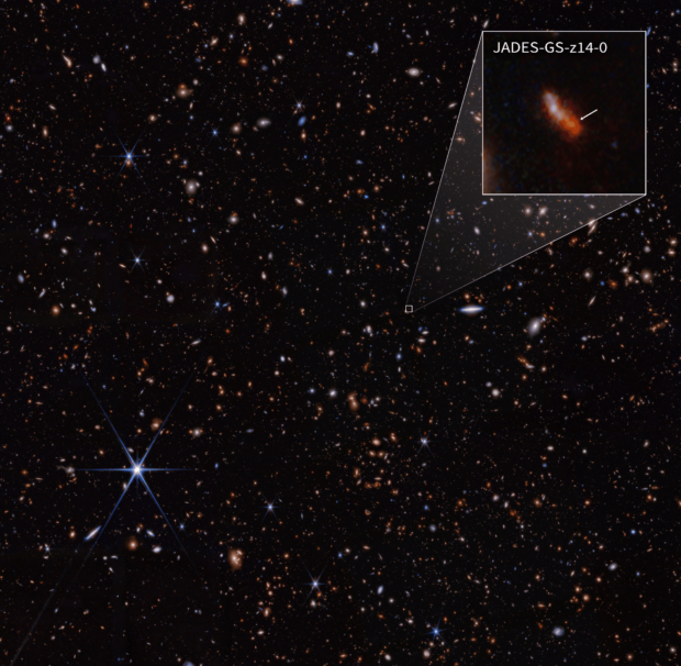 A new deep space image showing where the most distant galaxy is located.