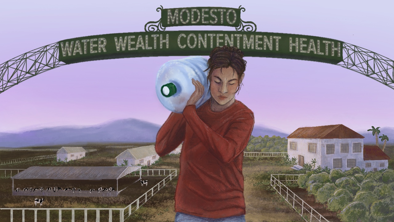 The image is an illustration of a person in a red sweater carrying a jug of water over their shoulder down the middle of a road. The road has a large white home on the right side and smaller white homes on the left side. In front of the smaller white homes is a large dairy farm. 