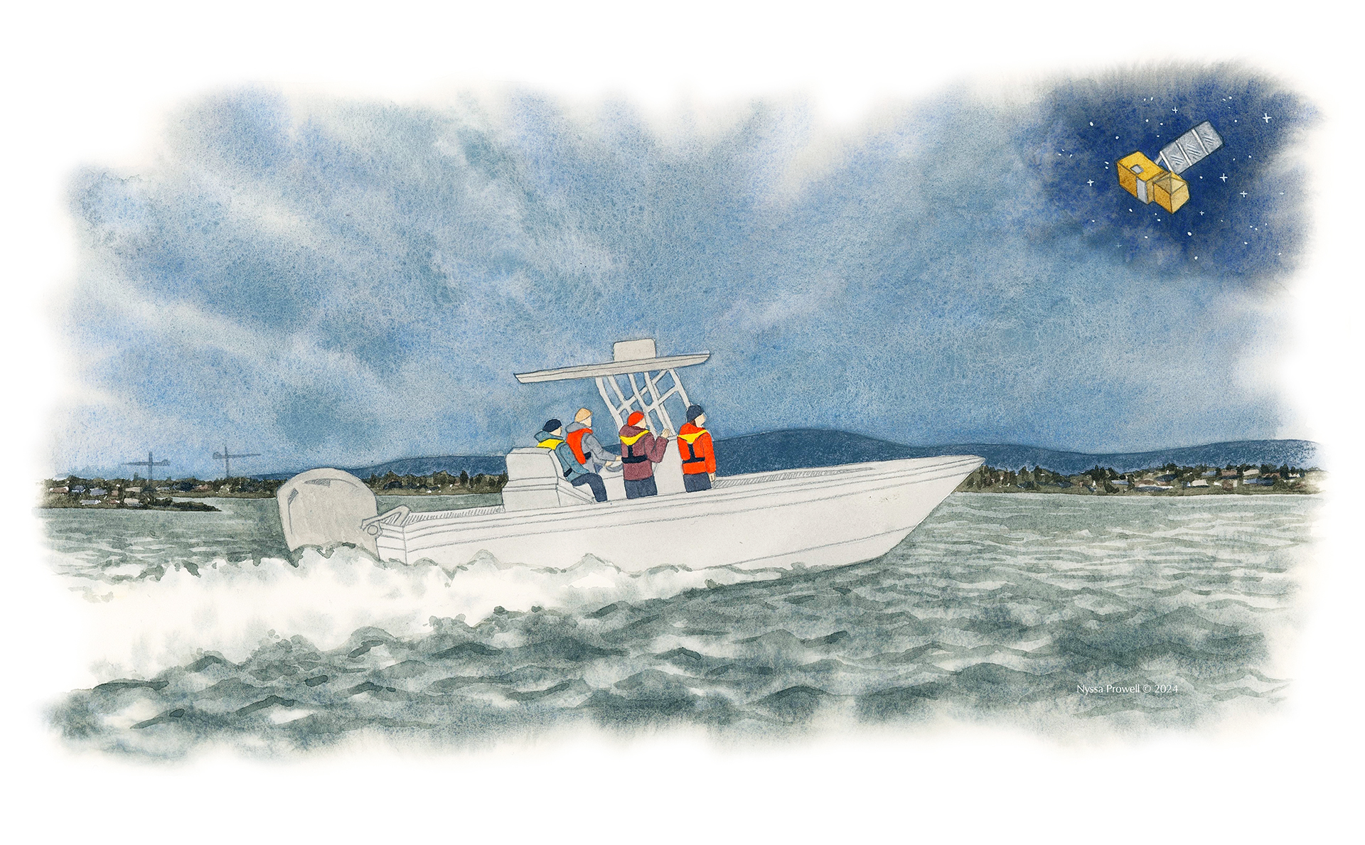 An illustration showing scientists on a small boat in the South Bay.