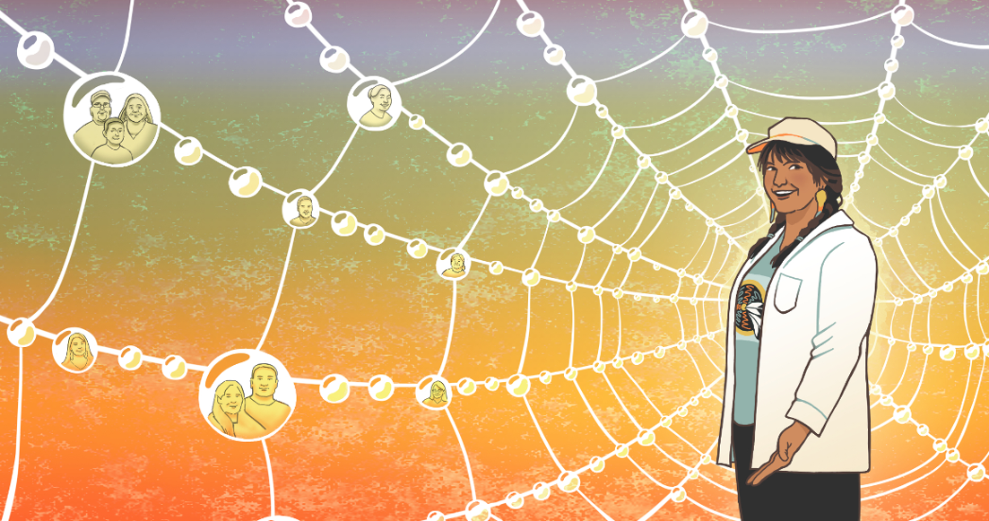 An illustration of Kali Dale against a rainbow background, with a large spiderweb. There are dewdrops hanging from the spiderweb that have images of people in them. Kali Dale is a brown-skinned woman with long, dark hair in a braid. She is wearing a cap and a lab coat and smiles at the viewer.