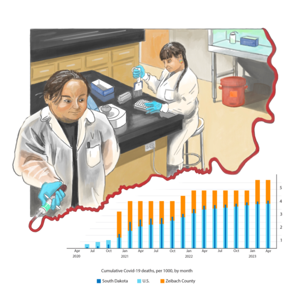 An illustration of Joe Yracheta and Kali Dale working in a laboratory. Yracheta looks at a graph of cumulative COVID-19 deaths, which shows Ziebach County had higher instances of COVID-19 deaths than both the state of South Dakota and the entire U.S.