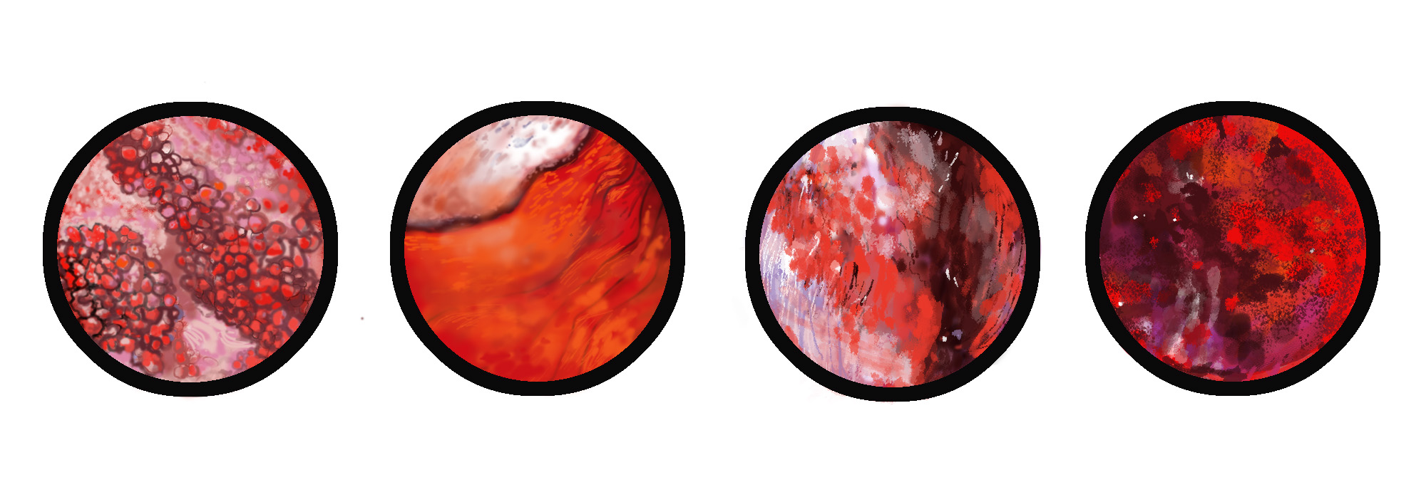 Four circles display an artistic rendition of menstrual blood under a microscope.